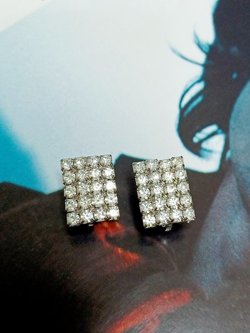 vintage jewelry  古典方形萊茵鑽 夾式耳環