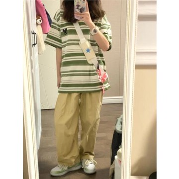 日系卡其色闊腿褲女2025春秋薄款工裝褲小個子直筒寬松慵懶休閑褲