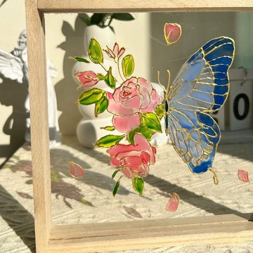 臺灣🚍8H出🉑蝴蝶花朵卡通簡約填色畢業生日禮物填色相框裝飾畵玻璃油彩畵手工