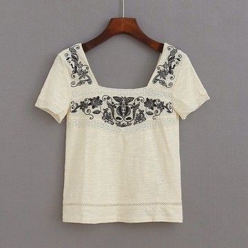 刺繡棉短袖蕾絲小衫 夏季新款短袖寬松T恤衫 女一字領上衣 F/13-3
