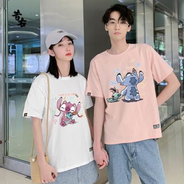 2023純棉短袖史迪奇t恤安琪史迪仔情侶韓版復古印花寬松冰淇淋色