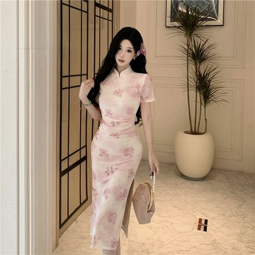 【桃喜Rich女裝】新中式洋裝 改良式旗袍 年輕款粉色旗袍 溫柔嫣然連衣裙 收腰顯瘦包臀裙 宴會洋裝 復古女裝 修身長裙