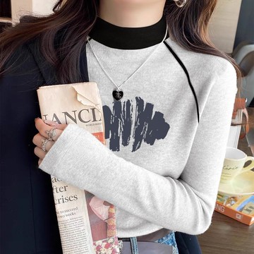 衣時尚 長袖上衣 發熱衣 長袖T卹 印花上衣S-2XL 新款撞色拼接內搭德絨半高領長袖打底衫t卹女上衣-6806.