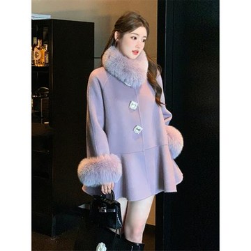 (免運)富家千金高級感毛呢外套新年戰袍高端精致紫色毛毛呢子大衣冬季女