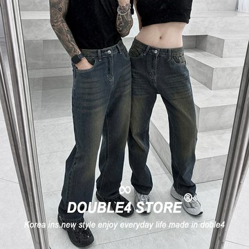 【DOUBLE4】牛仔寬褲 直筒 復古 染舊工藝 黃泥 男女褲子 韓系 牛仔褲 長褲  T91