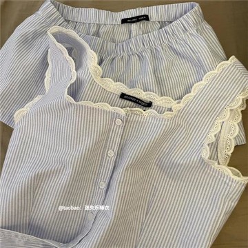 ins條紋花邊領背心睡衣少女2025夏季新款大碼吊帶短褲家居服套裝