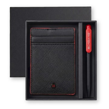 【台灣現貨&現折$600】【禮盒組】Mondaine 瑞士國鐵Zurich系列3卡安全扣證件套 + 原子筆 / 黑紅
