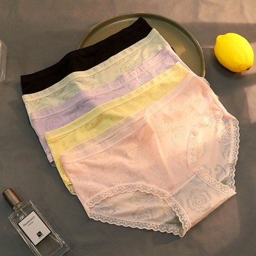 內褲女士冰絲抗菌石墨烯純棉襠蕾絲中腰少女生無痕夏季日系透氣