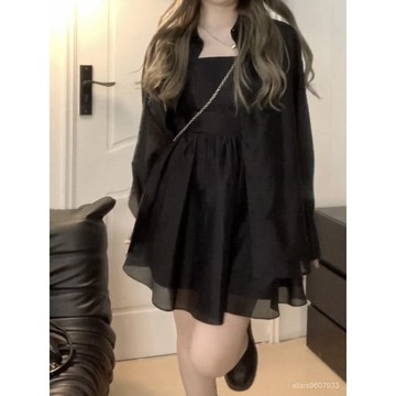 大碼女裝💖大碼胖mm慵懶風時尚套裝春夏季長袖防曬襯衫+弔帶短裙顯瘦兩件套 1C7O