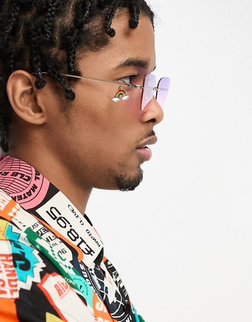 ASOS DESIGN rimless sunglasses in purple with rainbow charm