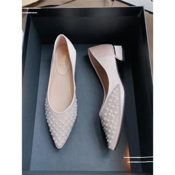 中跟韓版單鞋氣質優雅珍珠水鉆