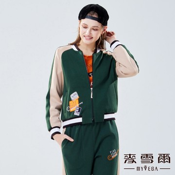 MYVEGA麥雪爾 撞色拼接笑臉刺繡套裝外套-綠（上下身分開販售）