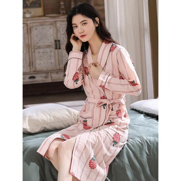 睡袍女純棉長袖浴衣春秋中長款過膝全棉浴袍寬松大碼睡衣冬可外穿