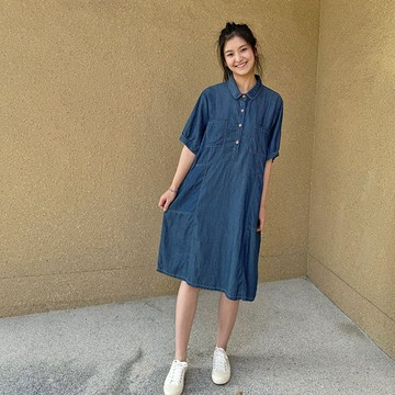 花木馬日系女裝立領襯衫式縫線口袋牛仔洋裝