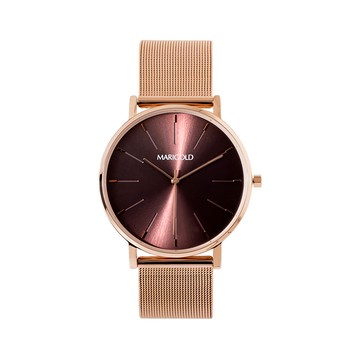 MARIGOLD 美爾朵 時光兩端的思念米蘭金屬鍊帶手錶 輕薄設計  酒紅面玫金帶