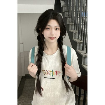 短袖女 美式純棉短袖女 上衣女 衣服 女裝100%純棉美式復古小個子短袖t恤女夏季ins潮牌寬鬆設計感小衆上衣10/17