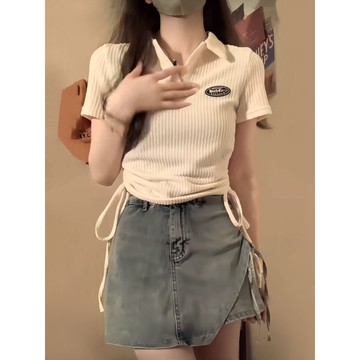 【砂糖夢境】套裝女夏季新款顯瘦綁帶短袖上衣辣妹設計感半身牛仔短裙兩件套潮