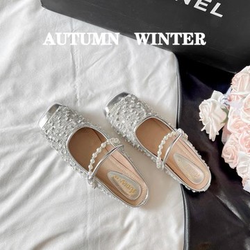 法式小香風包頭半拖鞋女夏外穿2025新款夏季平底銀色瑪麗珍鞋半托