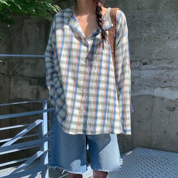 ˏˋ 𝐻𝑒𝑦 𝑆𝑝𝑟𝑖𝑛𝑔 - ̗̀ 🌷⛅️ ̖́‎韓版慵懶風藍色格子條紋襯衫圓領寬鬆休閒長袖襯衣外套