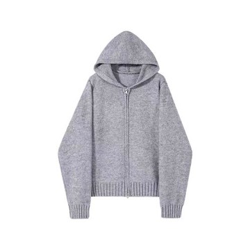 灰色連帽雙拉鏈毛衣外套女秋冬季2025新款復古慵懶風寬松針織開衫