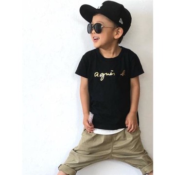 親子百搭款小b草寫字母休閑中性直筒圓領純棉吸汗短袖T恤童裝