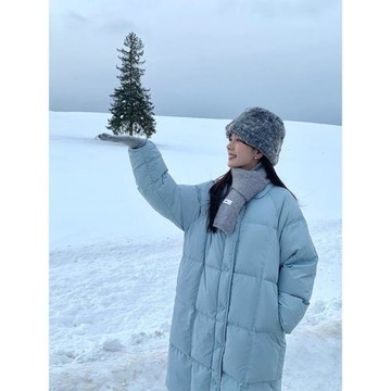 藍色羽絨服女中長款2025冬季新款翻領白鴨絨加厚小個子面包服外套