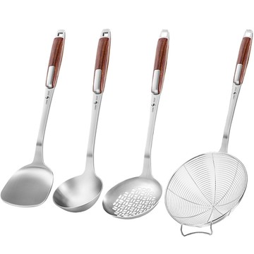 PUSH!廚房用品 食品級加厚304不銹鋼鍋鏟湯勺漏勺撈勺炒勺耐高溫火鍋漏勺湯勺 4件套裝D353-1