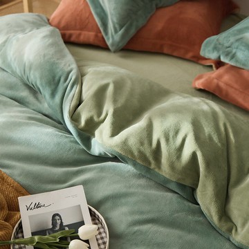 冬季加厚保暖青草綠馬卡龍色系雙拼牛奶絨床單款加絨被套四件套