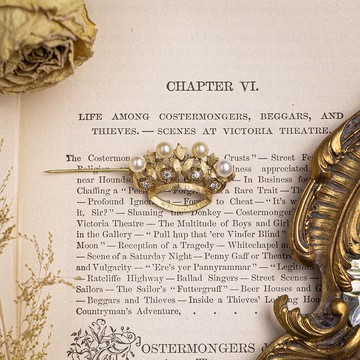 美國 Panetta 品牌古董 珍珠萊茵石金色小皇冠 小胸針/別針