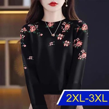 【韓國K.W.】輕薄德絨黑花上衣(輕薄/上衣/印花)