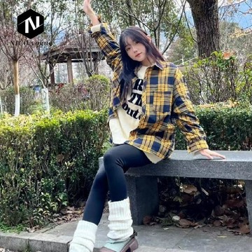 【Nico】設計港風高級美式復古新款黃色格子防曬襯衫寬鬆休閒外套襯衣上衣