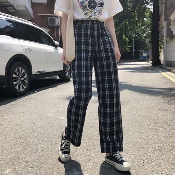 【🍒櫻桃大尺碼】大尺碼長褲 2024新款格子休閑褲女高腰顯瘦寬松闊腿褲百搭直筒長褲