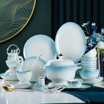 高檔描金骨瓷碗碟套裝輕奢家用漸變藍餐具套裝陶瓷碗盤筷喬遷送禮