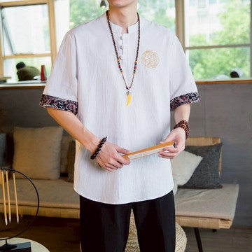 亞麻t恤男短袖夏季薄款中國風男裝漢服寬松青年胖子大碼唐裝半袖