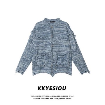 KKyesiou美式復古小香風磨毛針織衫外套男女條紋慵懶風情侶bf毛衣