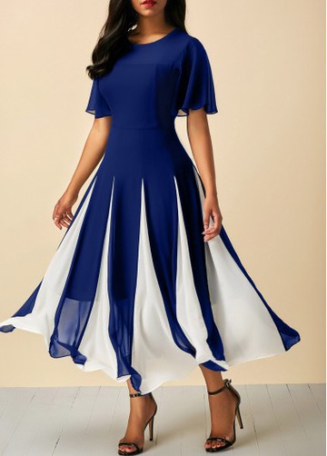 Butterfly Sleeve Round Neck Navy Dress