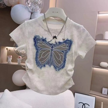 Mimo⭐女童夏季新款時尚百搭上衣短T修身短袖立體蝴蝶牛仔貼布紮染