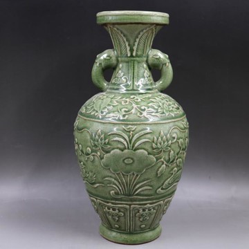 明龍泉開片刻荷花鴛鴦象耳瓶家居老貨裝飾擺件仿古瓷器古董古玩1入