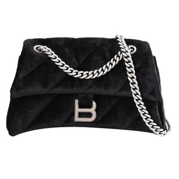 BALENCIAGA CRUSH 金屬B LOGO天鵝絨斜背鍊包/沙漏包(黑)