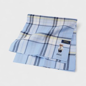 RALPH LAUREN POLO BEAR小熊刺繡格紋純棉手帕領巾(淺藍色 48×48cm 日本製 )