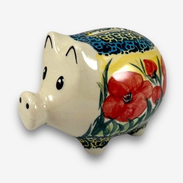 波蘭手繪手工陶-小豬存錢筒 12cm 絢爛紅霞系列 設計師款