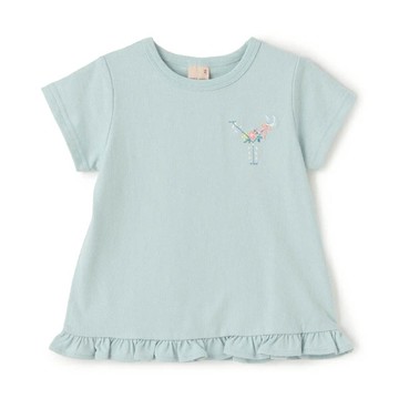 日本 petit main - 荷葉邊英文刺繡短袖上衣-Y-藍綠