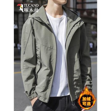 啄木鳥男士夾克外套春秋季新款寬松連帽沖鋒款秋冬加絨男裝上衣服