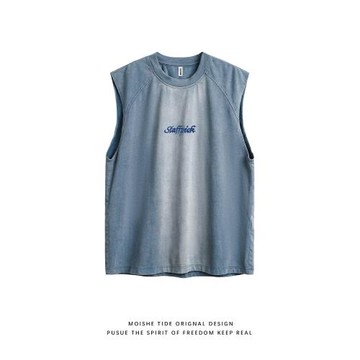 MOISHE TIDE潮牌水洗漸變無袖坎肩背心男女寬松字母刺繡運動T恤夏