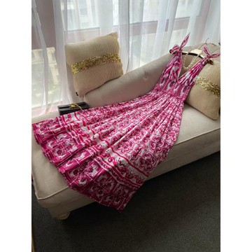 時髦女人味高級感法式優雅系蝴蝶結深V領青花瓷印花全棉連衣裙夏