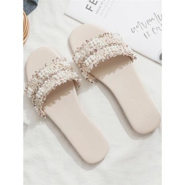 2025年夏季新款網紅平底珍珠小香風一字涼拖鞋女夏天外穿時尚百搭