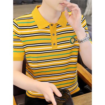 針織帶領polo衫男款高端冰絲條紋休閑翻領t恤男時尚潮牌冰感半袖