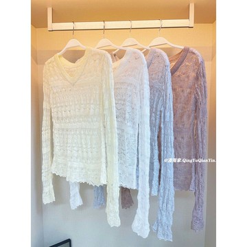 針織衫女春秋氣質優雅韓風溫柔暖色系V領性感蕾絲透視長袖上衣潮A