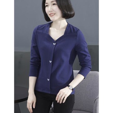 純棉長袖t恤女士媽媽裝洋氣春秋款寬松方領純色中年大碼女裝上衣