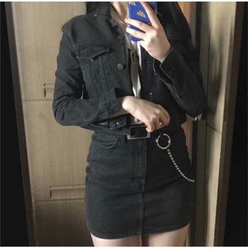 春秋韓版顯瘦黑灰色高腰牛仔外套半身裙女包臀裙套裝短裙一步裙潮